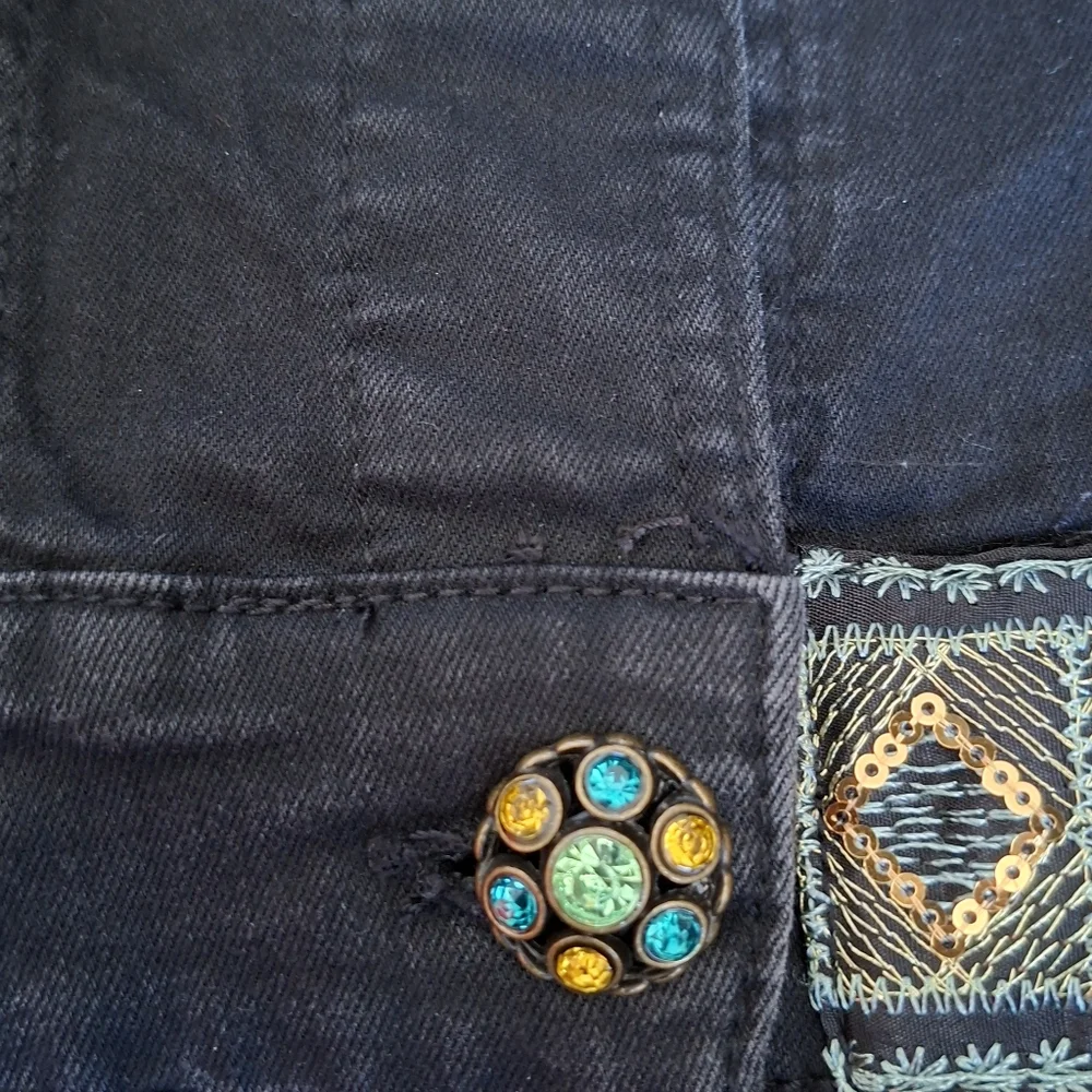 Desigual Jean Jacket With Crochet Knit Overlay Bimaterial Boho Embellished Denim - Picture 8 of 11